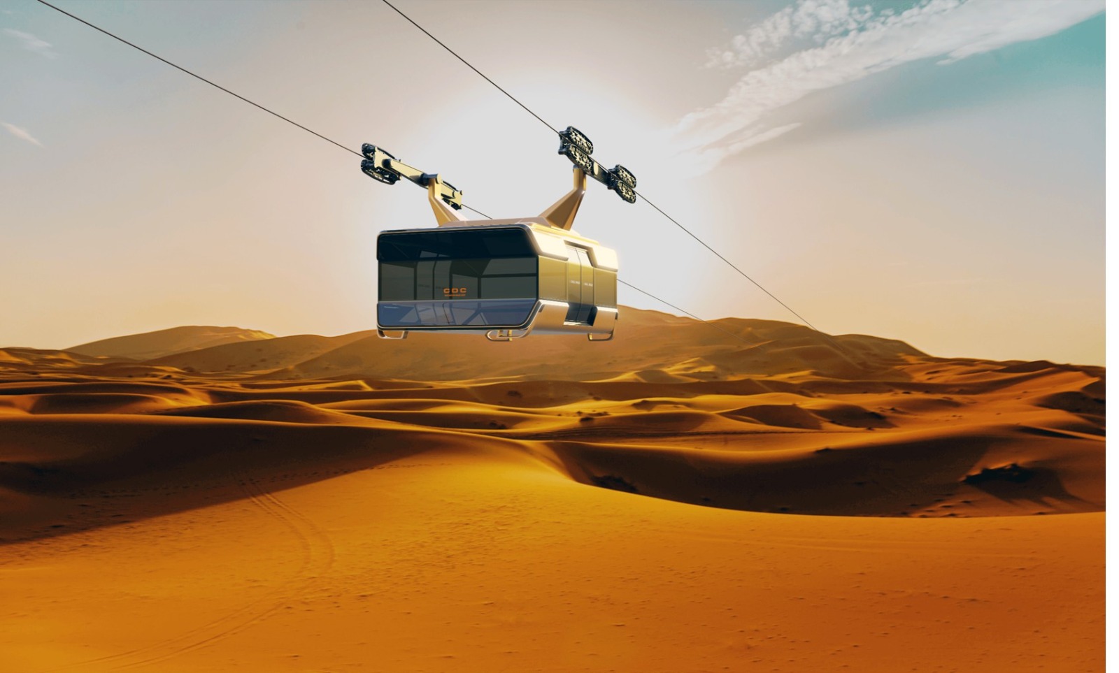 CDC ropeway cabin crossing remote desert terrain for hard-to-access regions