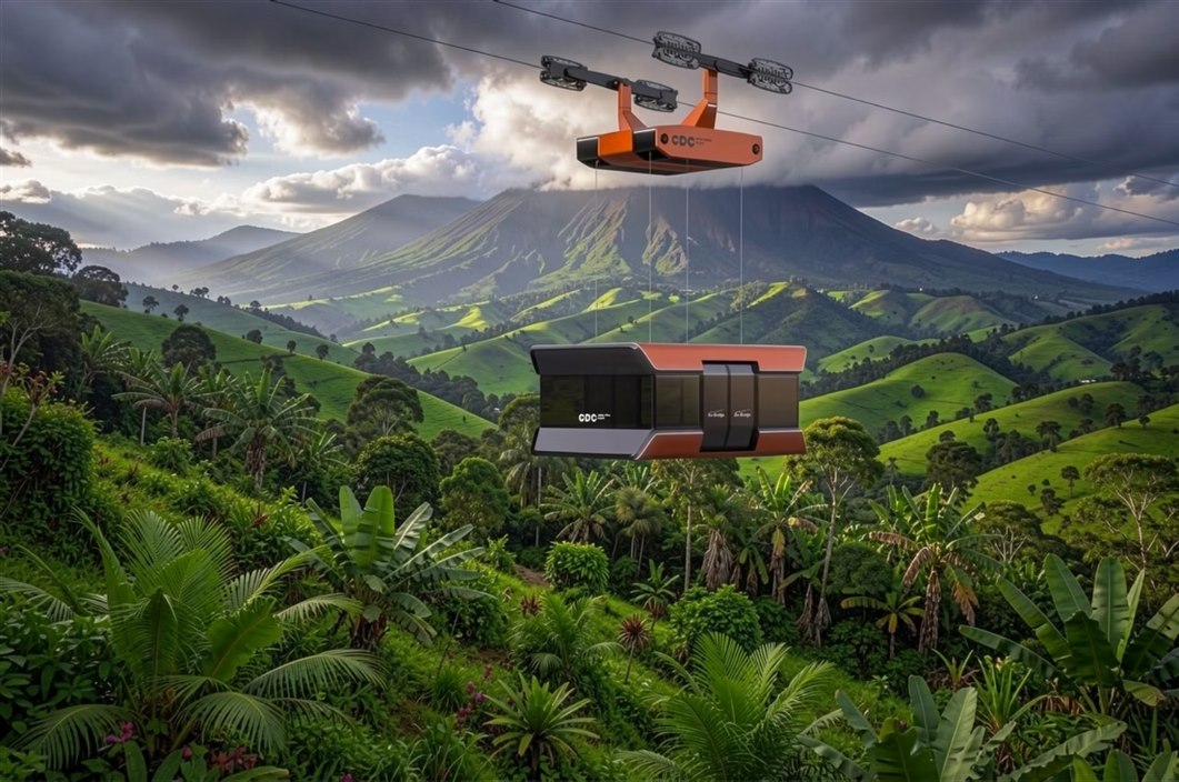 CDC AirBridge cabin suspended above lush African highland landscape with volcanic peak