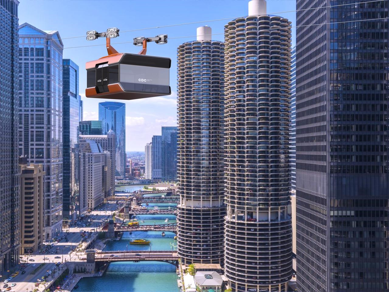 CDC AirBridge cabin and cable mechanism above urban city skyline